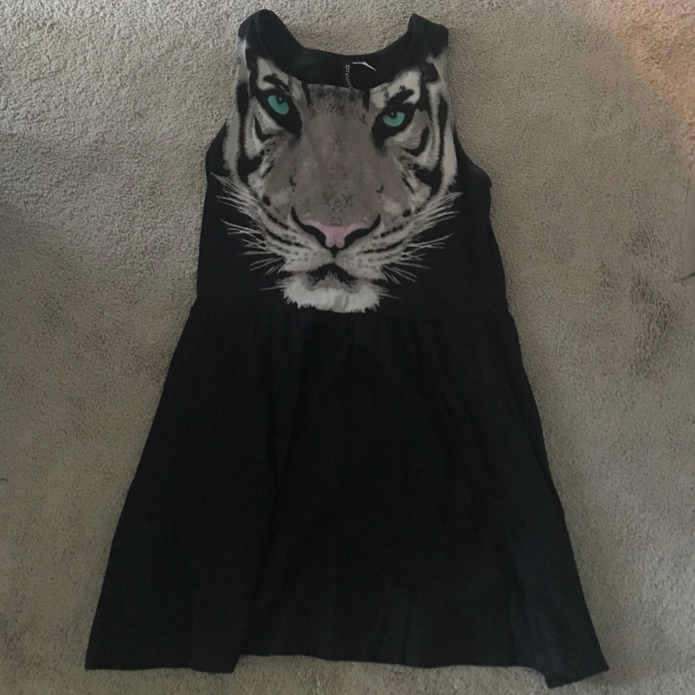 H&M Black Dress with Large Tiger Face Print (Teal Eyes, Pink Nose)